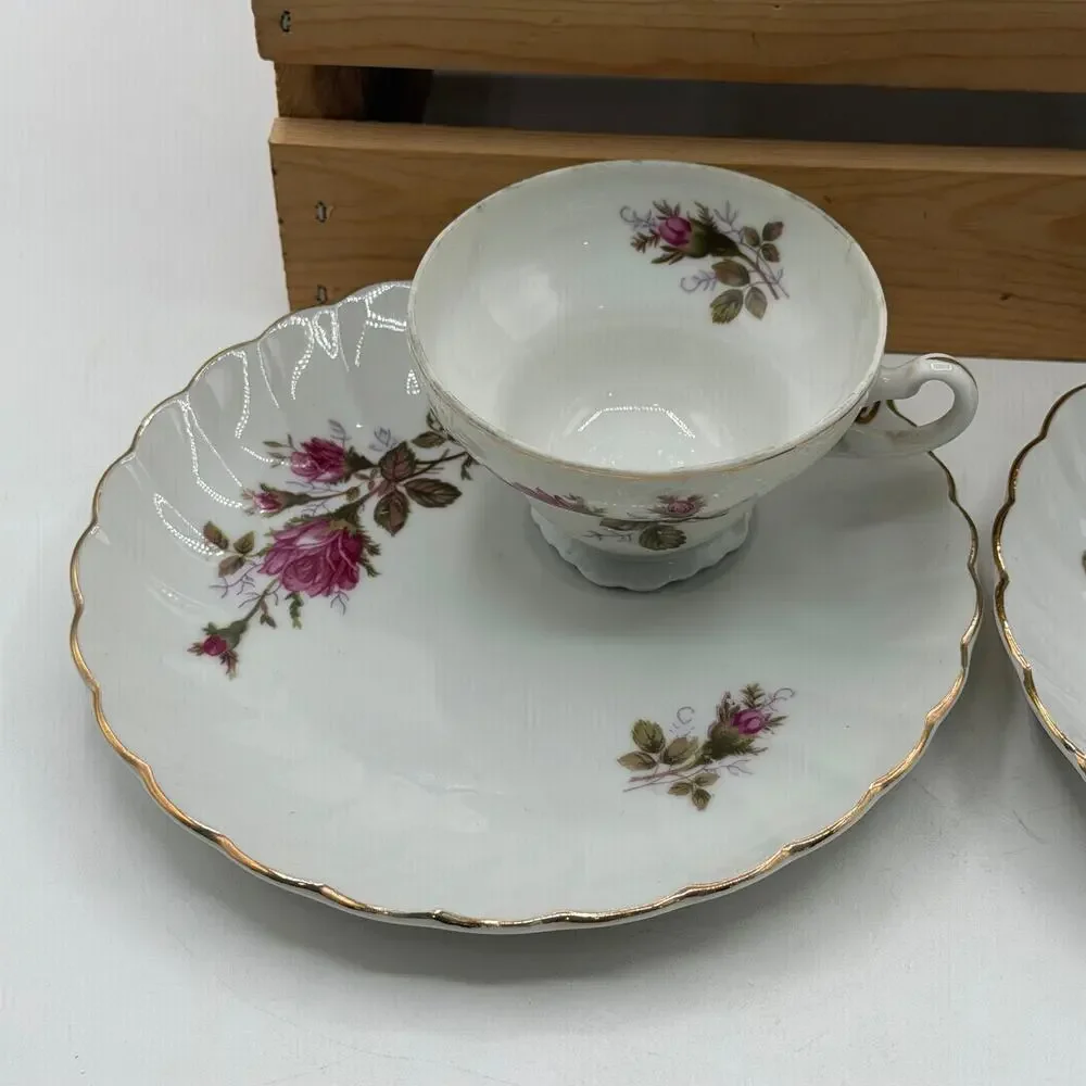 Vintage Pink Rose Fine Porcelain Teacup and Saucer Set –Trio Duo Pair (Set of 3)